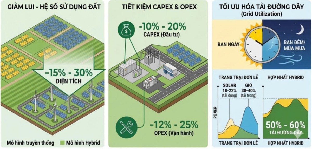 Tích hợp mô hình điện lai trên cùng vị trí và kéo dài thời hạn PPA (lên 25-30 năm) nhằm tối ưu LCOE, hạ giá thành điện