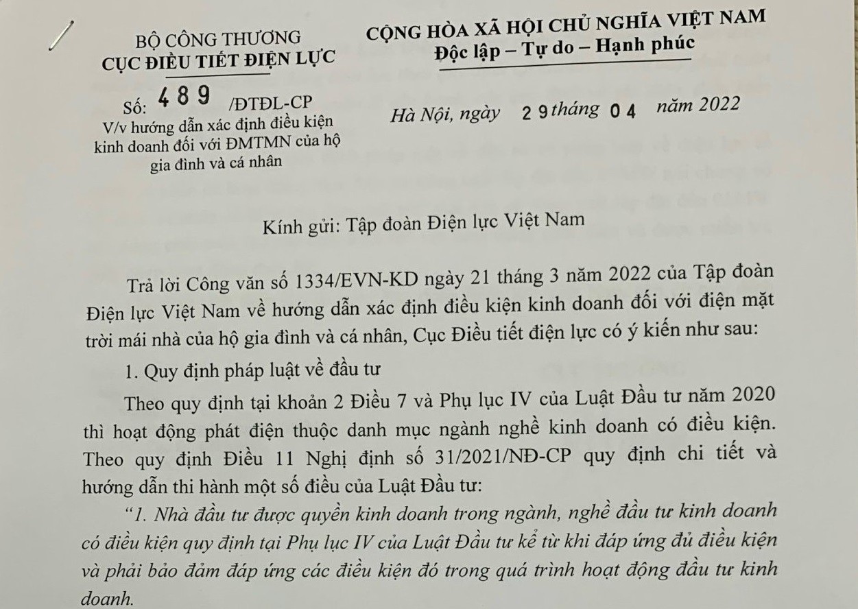 Trả lời từ Bộ Công Thương về điều kiện kinh doanh điện mặt trời mái nhà