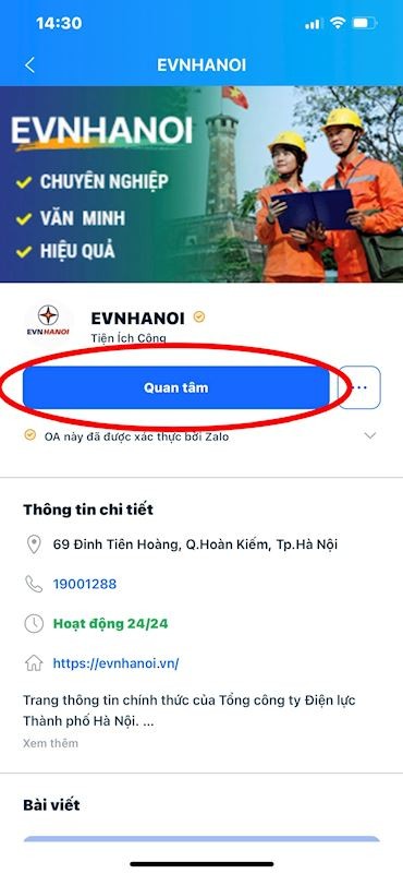 Nhiều tiện ích khi sử dụng trang ‘EVNHANOI’ trên ứng dụng Zalo Nhiều tiện ích khi sử dụng trang ‘EVNHANOI’ trên ứng dụng Zalo
